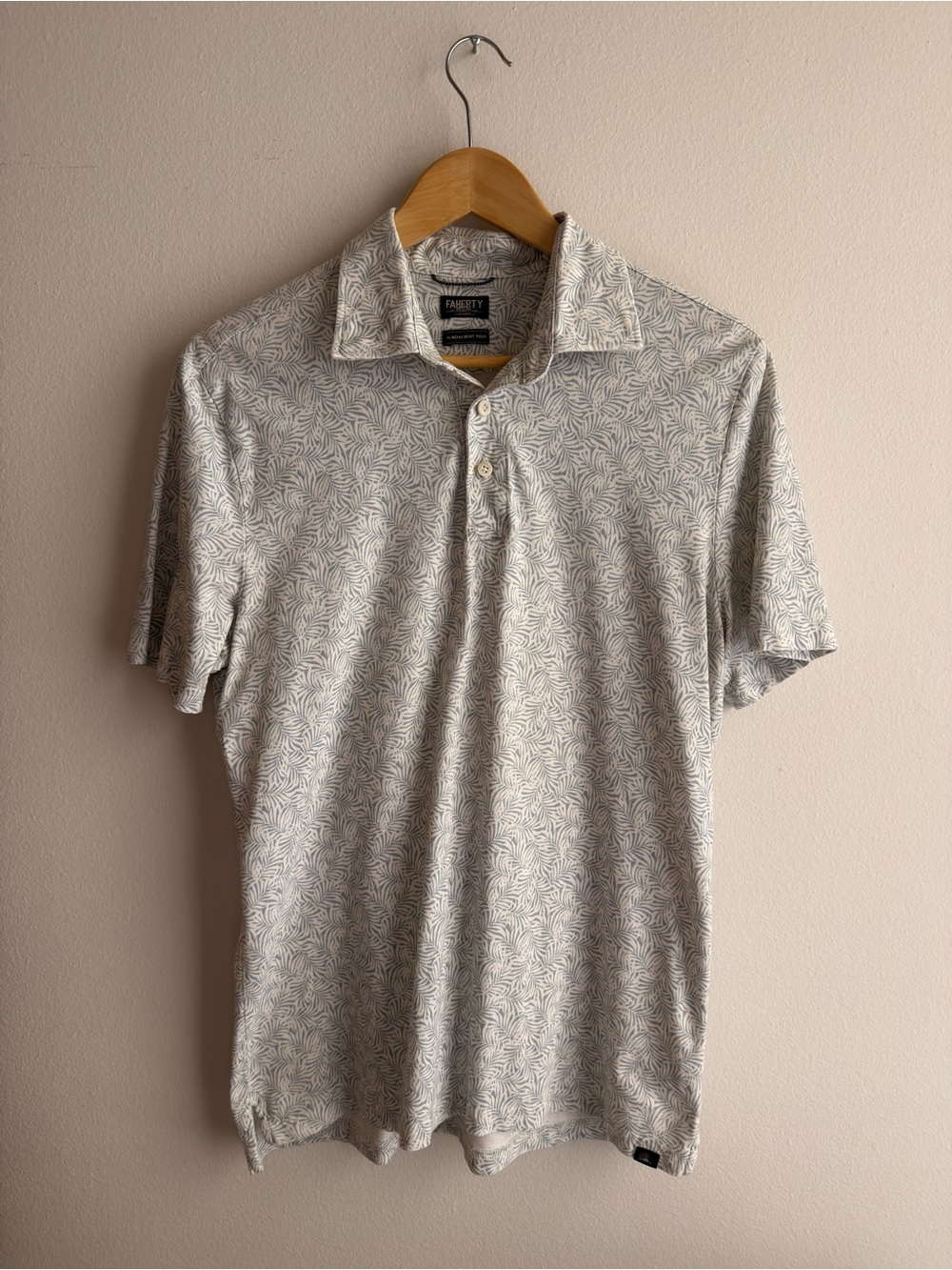Faherty Short Sleeve Polo in Cream with Subtle Gray Leaf Print